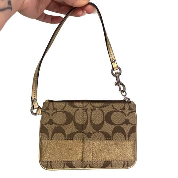 Coach Handbags - COACH Gold Brown Signature Canvas  Wristlet